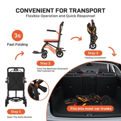 Silla de ruedas plegable liviana para personas mayores con marco de aluminio de aviación, apoyabrazos abatibles, frenos seguros y asientos espaciosos.