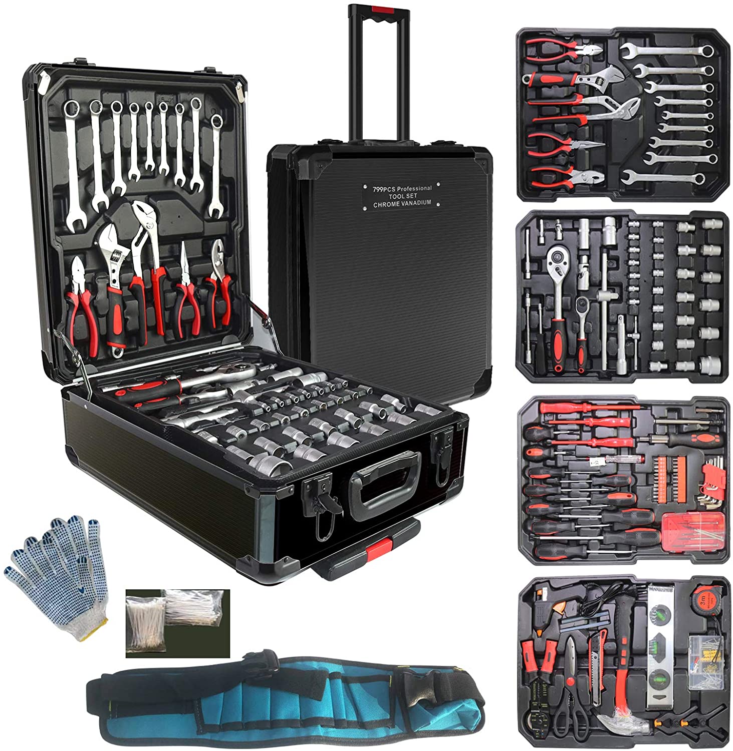 Arcwares Juego de herramientas de aluminio de 799 piezas, color plateado, juego de herramientas de mano para el hogar, con cinturón de herramientas, regalo en el día del padre (negro)
