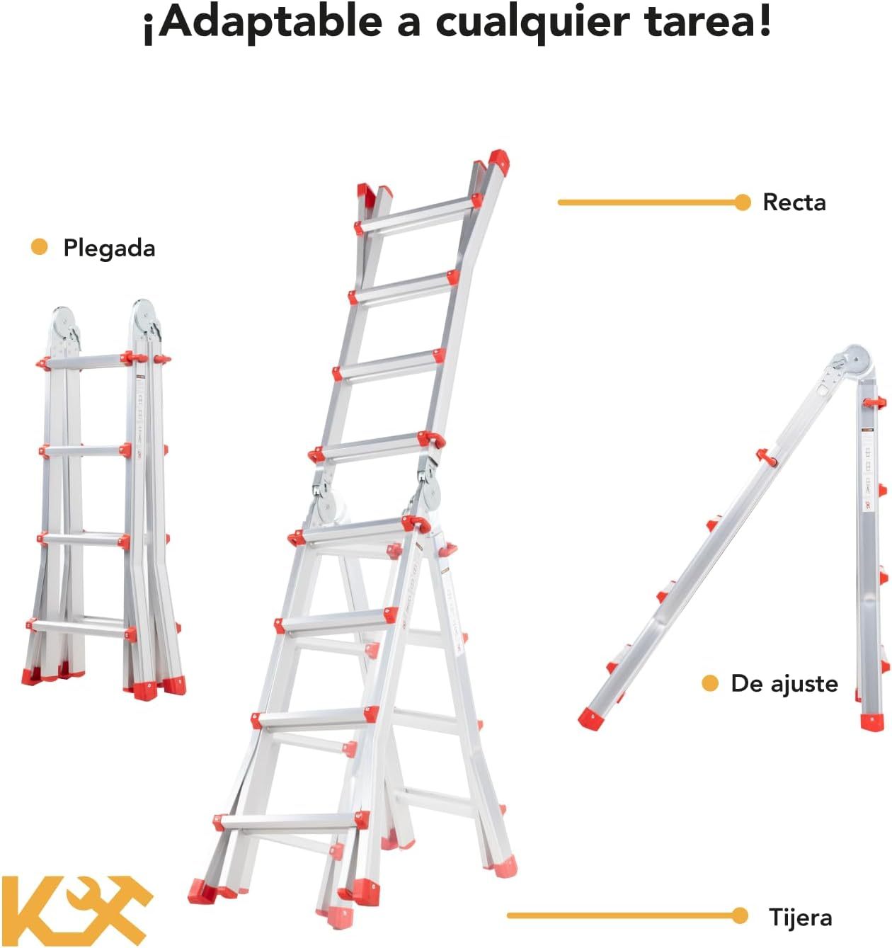 Kingsman | Escalera Multiposiciones 12 Peldaños con Charolas – Soporta hasta 150 kg – Escalera de Aluminio 3.5 MTS – Plegable – Escalera Multipropósito – Tipo Tijera – Andamio – Escalera Recta