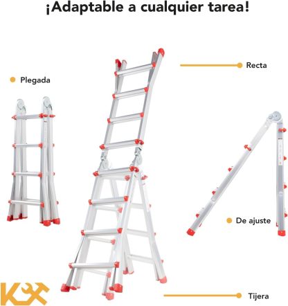 Kingsman | Escalera Multiposiciones 12 Peldaños con Charolas – Soporta hasta 150 kg – Escalera de Aluminio 3.5 MTS – Plegable – Escalera Multipropósito – Tipo Tijera – Andamio – Escalera Recta