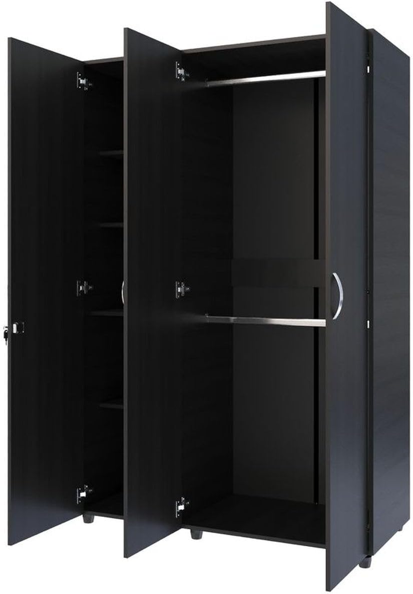 MADERKIT | Ropero Bilbao 120 cm Ancho | Tamaño Mediano | Color Wengue | 3 Puertas y Llave de Seguridad | Mueble Listo para armar | Estantes y Tubos para Colgar (Wengue)