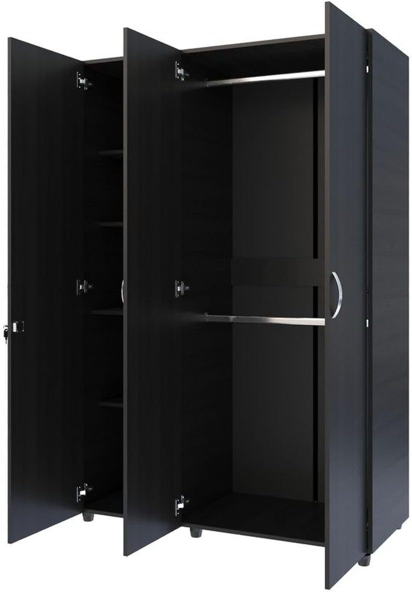 MADERKIT | Ropero Bilbao 120 cm Ancho | Tamaño Mediano | Color Wengue | 3 Puertas y Llave de Seguridad | Mueble Listo para armar | Estantes y Tubos para Colgar (Wengue)