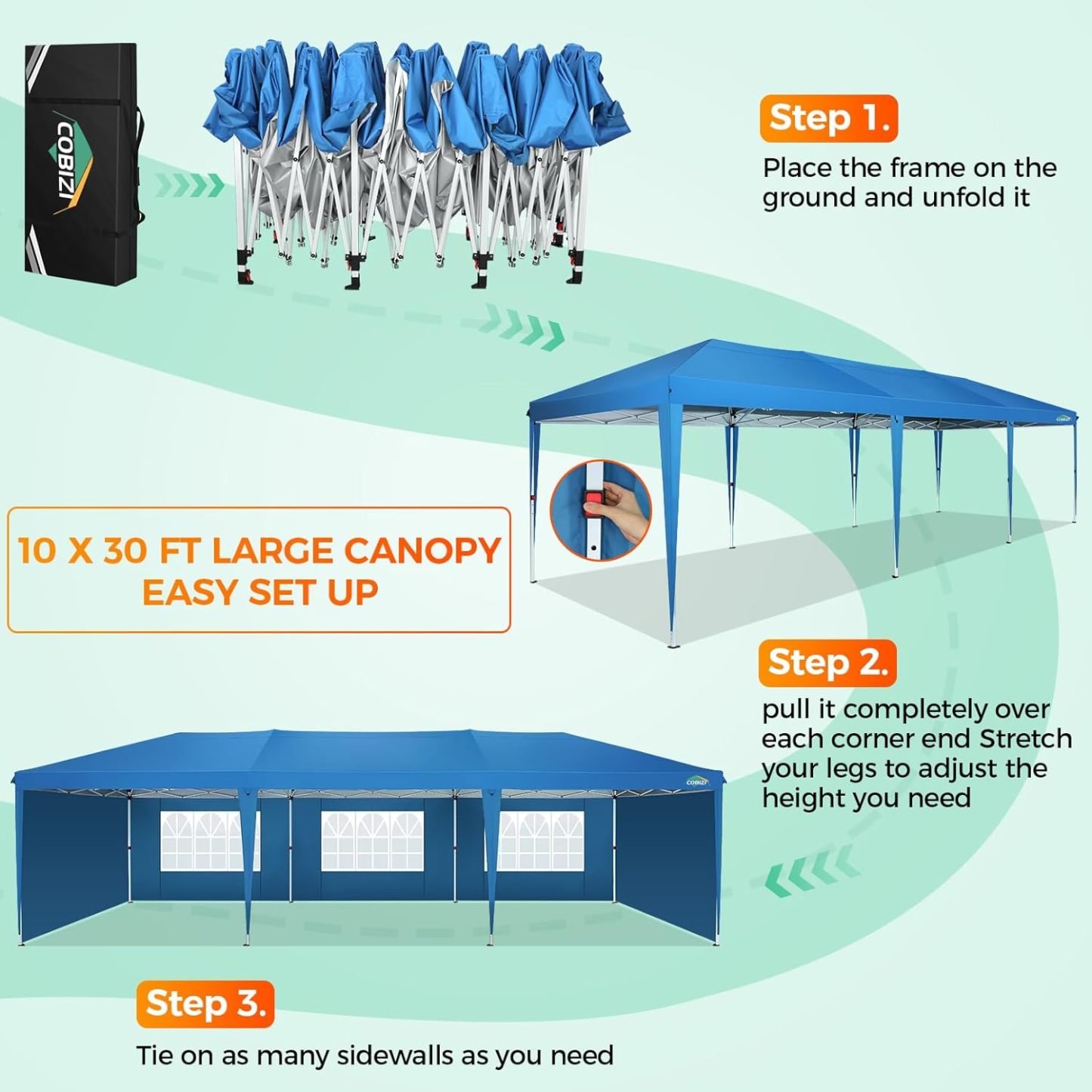 COBIZI - Toldo desplegable de 10 x 20 Pulgadas con 6 Paredes Laterales, toldo Impermeable para Eventos al Aire última intervensión, UPF 50+ cenador portátil para Fiestas, Playa, Camping, Boda,