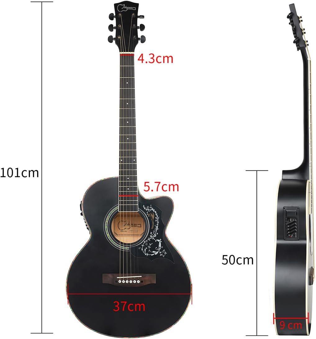 Kit de guitarra eléctrica acústica de 39 pulgadas con ecualizador de 4 bandas con estuche, juego de cuerdas, capo, paño de limpieza, afinador, púas, correa para el hombro y cable (Black)