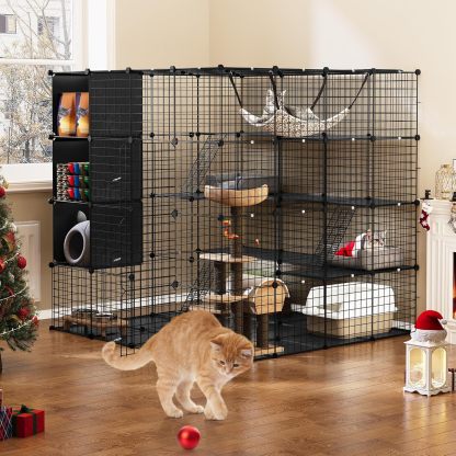 YITAHOME - Jaula Grande para Gatos con Cubo de Almacenamiento, Caja para Interiores de Metal con Hamaca para múltiples Mascotas, 4 Niveles de Perrera de Gato Negro, 140 x 140 x 140 cm