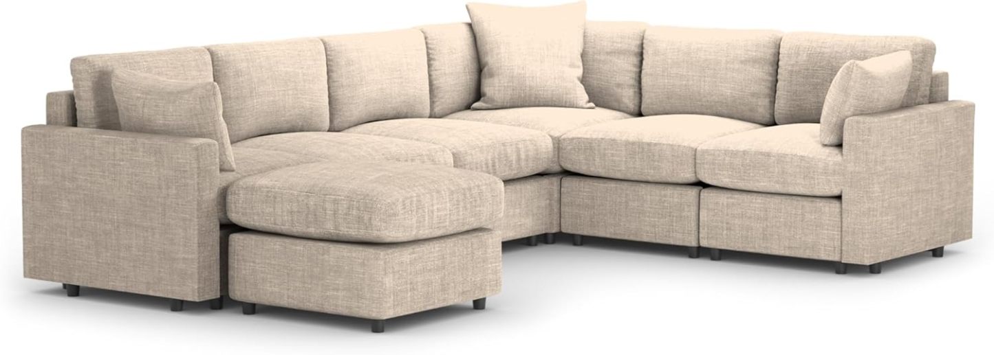 MODISOFA - Sofá Sala Esquinera Modular con Otomano | 6 Plazas | Beige | + Pillow Pack | Fácil de Ensamblar y Adaptable | Envío Gratis