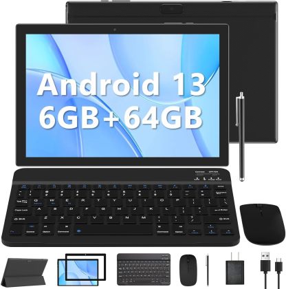 Tablet con teclado 2 en 1, Android 11, 10.1 pulgadas FHD, con teclado/mouse/funda/lápiz capacitivo/película templada, 64 GB+2 GB, Wi-Fi, cámara dual 8 MP, procesador quad core, batería 6,000 mAh, rosa
