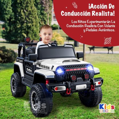 Kids House Carrito Montable Eléctrico Niños Turbo, Doble Puerta, Función Balanceo, Control Remoto Bluetooth, USB MP3, Música y Luces LED, Motor Dual 12V, Inicio Botón,Diseño Seguro (Blanco)