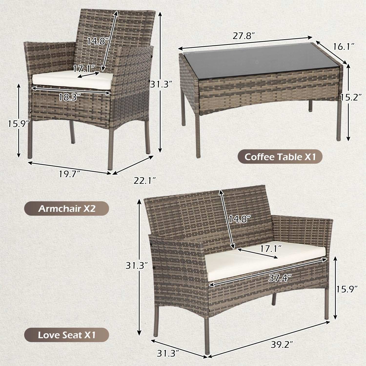 FDW - Juego de 4 muebles para exteriores, juego de conversación de mimbre con silla de ratán, mesa de centro para exteriores, interiores, jardín, patio, porche, terraza, balcón, cojines de mimbre