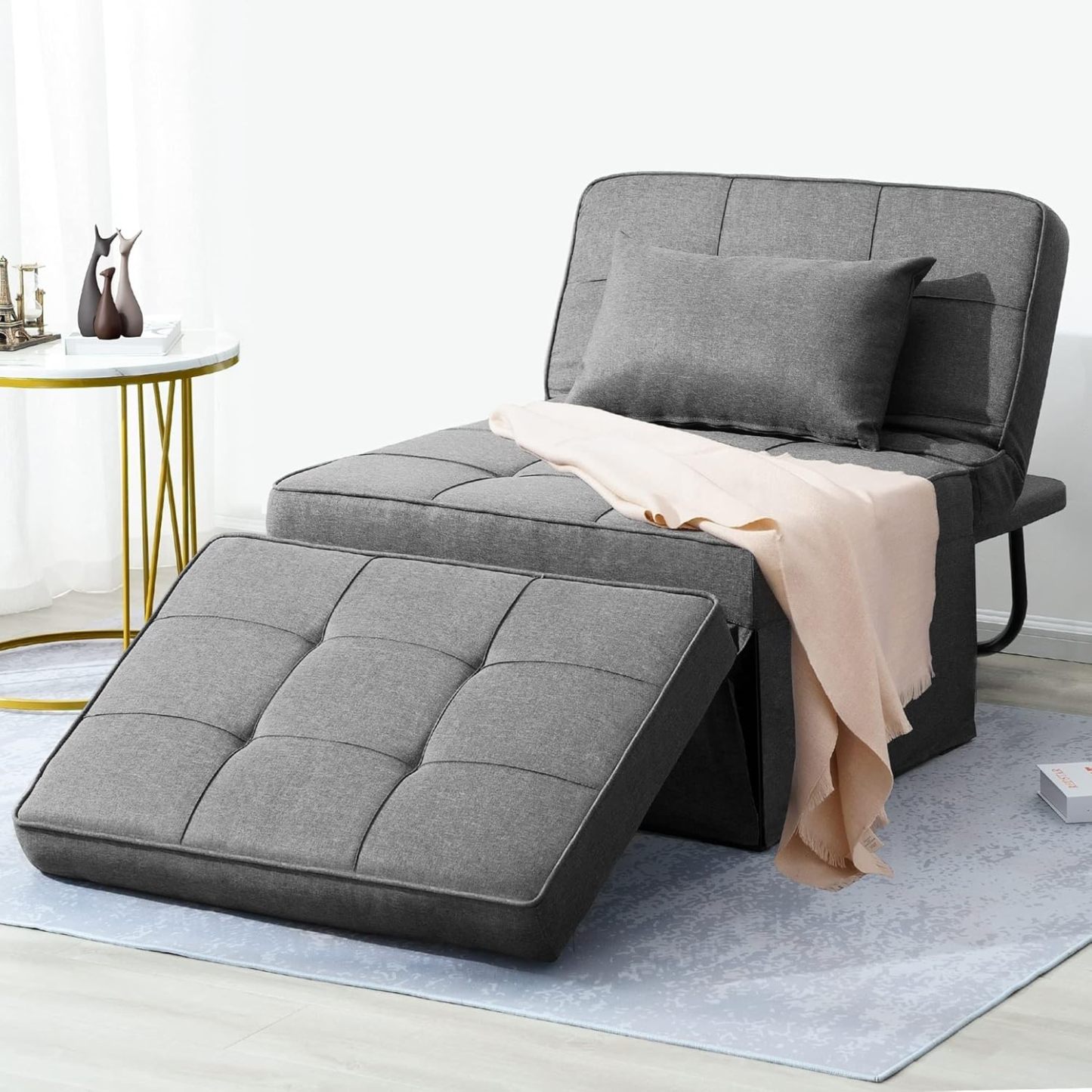 Sofá Cama, Cama otomana Plegable multifunción 4 en 1, Moderna Silla Convertible con Respaldo Ajustable, para Sala de Estar, Departamento pequeño, Gris Claro