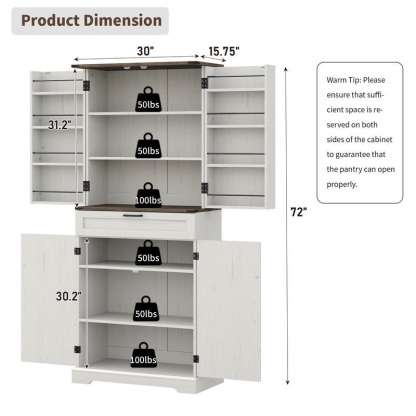 Armario despensero de cocina de 72 pulgadas, mueble de almacenamiento alto con 8 estantes en las puertas, 2 compartimentos y 1 cajón.