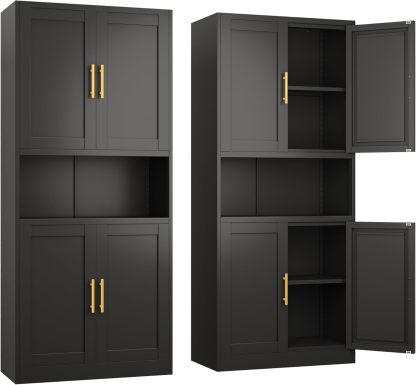 Ckzbx Gabinete de cocina de metal de 61 pulgadas de alto con 4 puertas, armarios de baño, 2 estantes ajustables para cocina, oficina en casa, sala de estar, comedor (negro)