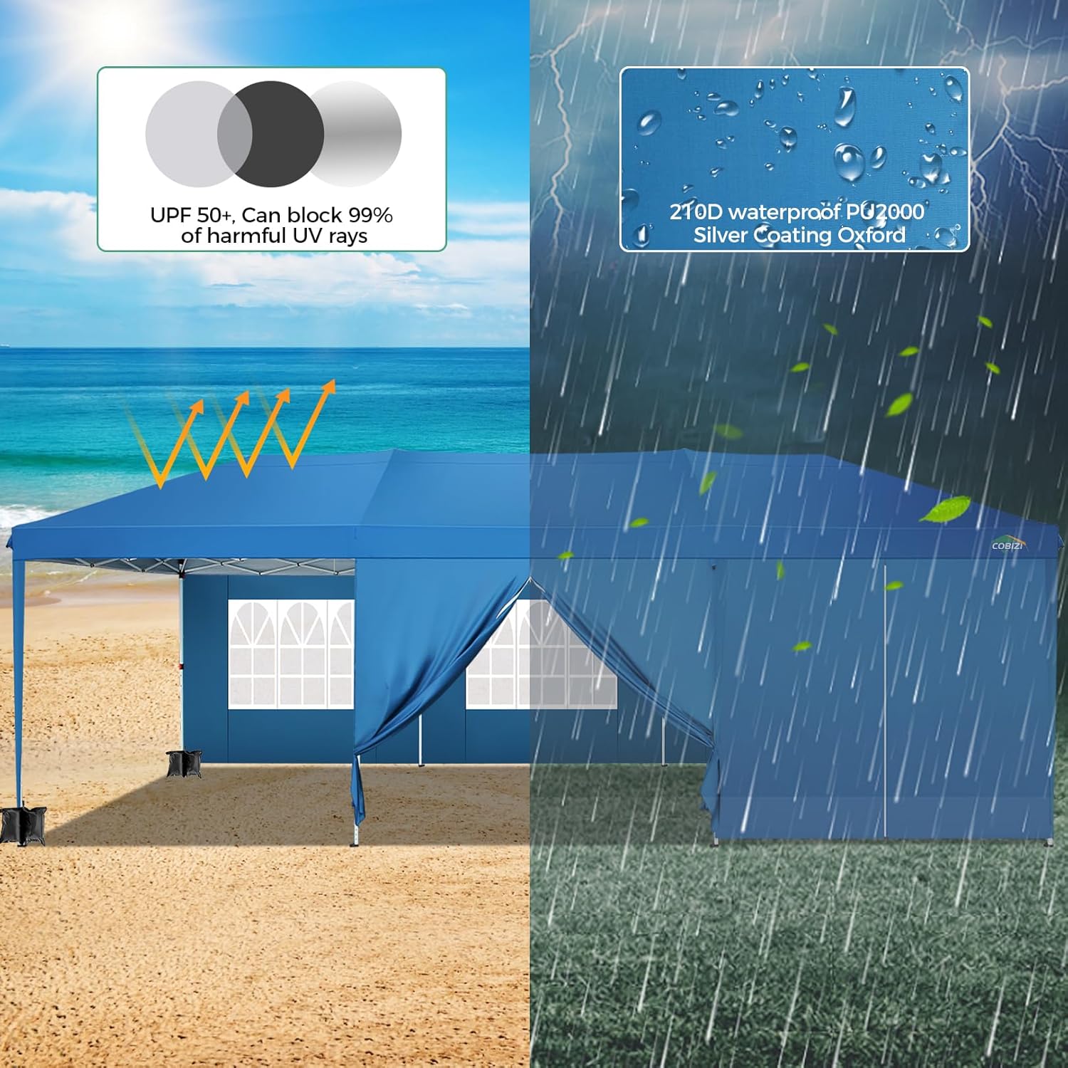 COBIZI - Toldo desplegable de 10 x 20 Pulgadas con 6 Paredes Laterales, toldo Impermeable para Eventos al Aire última intervensión, UPF 50+ cenador portátil para Fiestas, Playa, Camping, Boda,