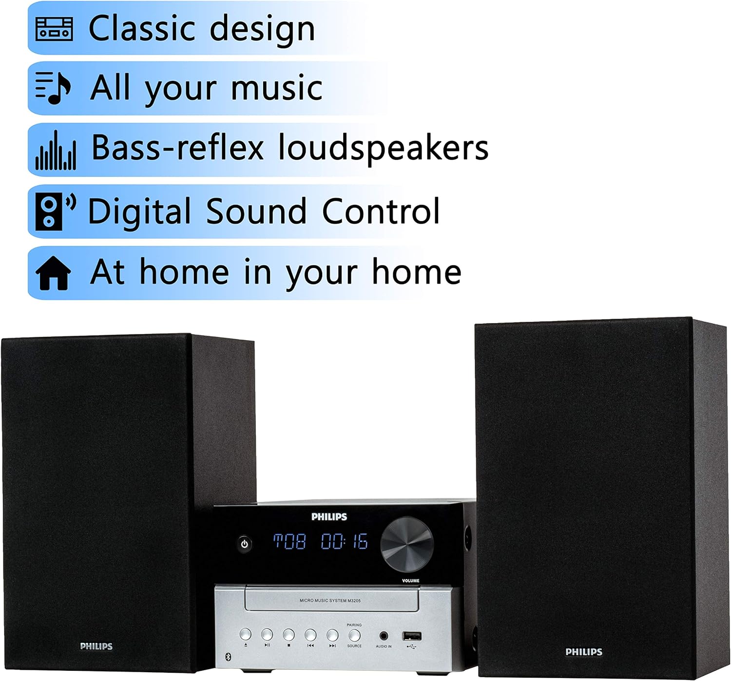 Philips Sistema estéreo doméstico Bluetooth con reproductor de CD, transmisión inalámbrica, MP3, USB, entrada de audio, radio FM, 15 W, sistema de sonido micro musical-----Cable de alimentación