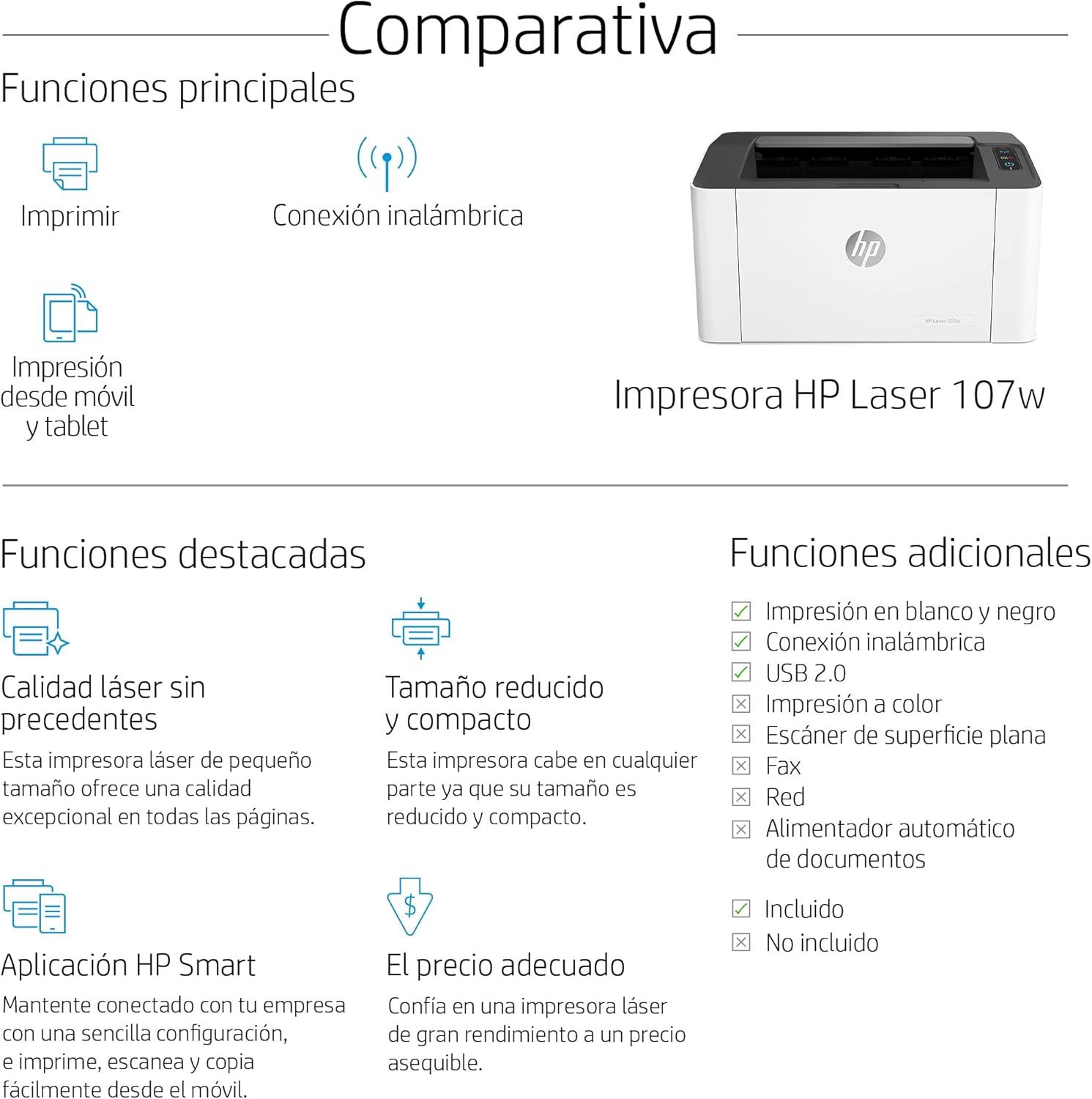 HP Impresora Laser 107w, Láser, Impresión en Negro, Wi-Fi, USB, Impresión y escanéo desde HP Smart App, Apple Air Print, Bandeja de 150 hojas, Pantalla LED (4ZB78A)