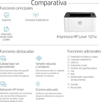 HP Impresora Laser 107w, Láser, Impresión en Negro, Wi-Fi, USB, Impresión y escanéo desde HP Smart App, Apple Air Print, Bandeja de 150 hojas, Pantalla LED (4ZB78A)
