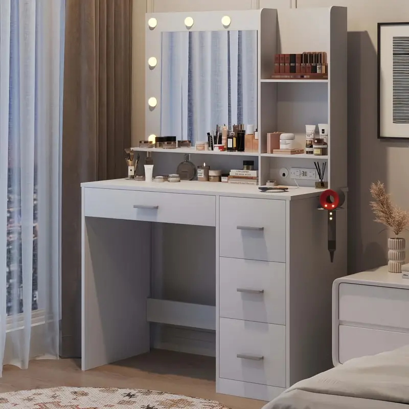 Tocador con luces y espejo, mesa de maquillaje con cajón y toma de corriente