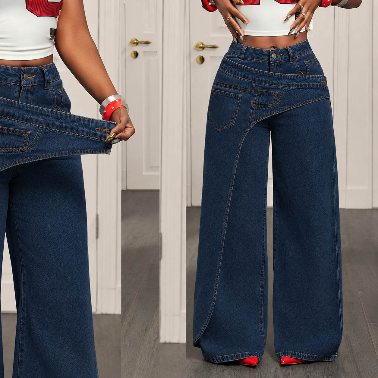 Jeans de pierna ancha y cintura alta para mujer con cintura asimétrica – Pantalones vaqueros holgados de lavado claro