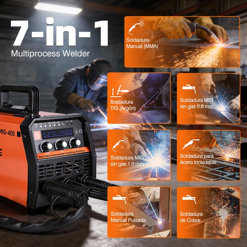 BIUBLE 7 en 1 Soldadora Inverter 400A Máquina Soldar Mig+MMA+TIG 110V, con LCD Pantalla Digital, Soldadora Inversor sin Gas, Soldadora Mig Industrial De Aluminio