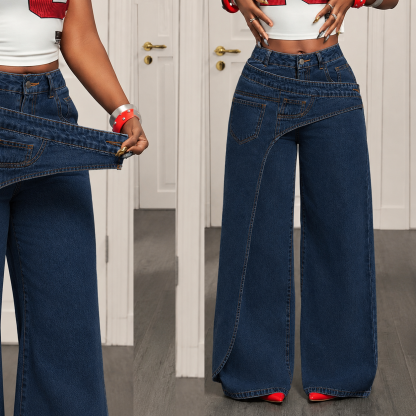 Jeans de pierna ancha y cintura alta para mujer con cintura asimétrica – Pantalones vaqueros holgados de lavado claro
