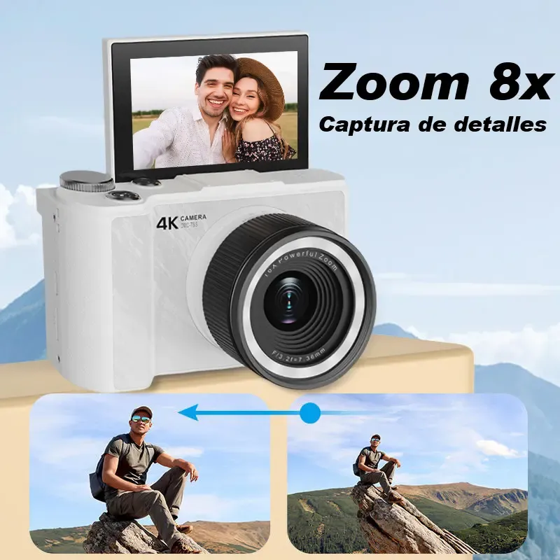 Cámara digital 4K: una cámara plegable y portátil con una estética Y2K. Ideal para vlogging, viene equipada con una tarjeta SD de 32 GB, correa de muñeca, función de selfie, estabilización de imagen y zoom digital de 16x. Un regalo ideal para niñas, niños