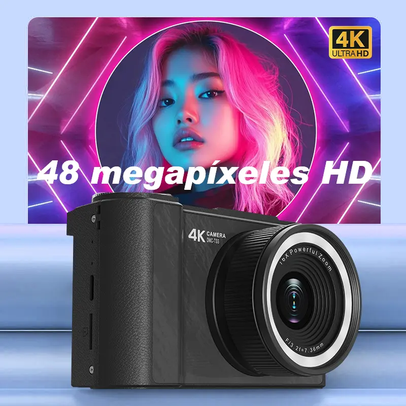 Cámara digital 4K: una cámara plegable y portátil con una estética Y2K. Ideal para vlogging, viene equipada con una tarjeta SD de 32 GB, correa de muñeca, función de selfie, estabilización de imagen y zoom digital de 16x. Un regalo ideal para niñas, niños