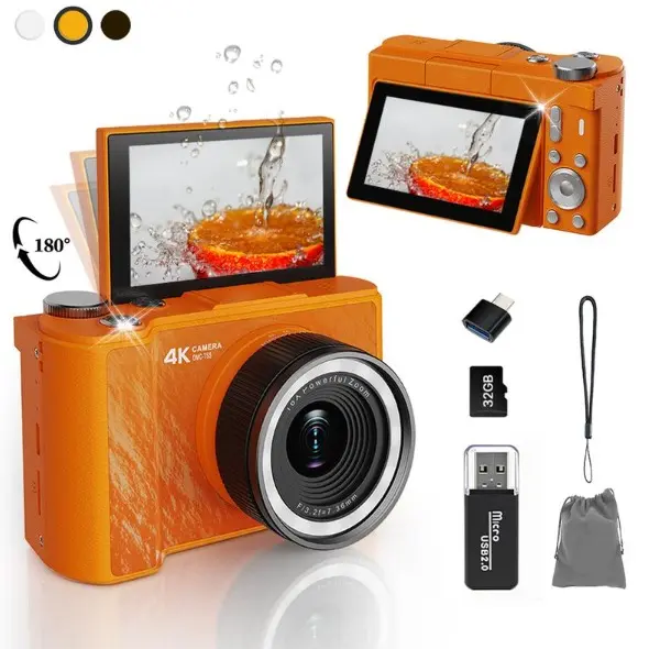 Cámara digital 4K: una cámara plegable y portátil con una estética Y2K. Ideal para vlogging, viene equipada con una tarjeta SD de 32 GB, correa de muñeca, función de selfie, estabilización de imagen y zoom digital de 16x. Un regalo ideal para niñas, niños