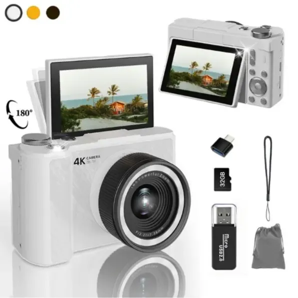 Cámara digital 4K: una cámara plegable y portátil con una estética Y2K. Ideal para vlogging, viene equipada con una tarjeta SD de 32 GB, correa de muñeca, función de selfie, estabilización de imagen y zoom digital de 16x. Un regalo ideal para niñas, niños