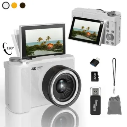 Cámara digital 4K: una cámara plegable y portátil con una estética Y2K. Ideal para vlogging, viene equipada con una tarjeta SD de 32 GB, correa de muñeca, función de selfie, estabilización de imagen y zoom digital de 16x. Un regalo ideal para niñas, niños