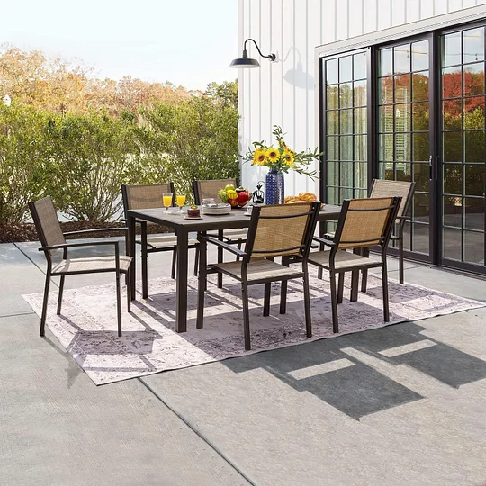 Juego de comedor para patio, 7 piezas, marco de metal, muebles de exterior con 6 sillas de textileno y mesa rectangular, juego de conversación de cocina familiar para patio trasero, césped, terraza (café)