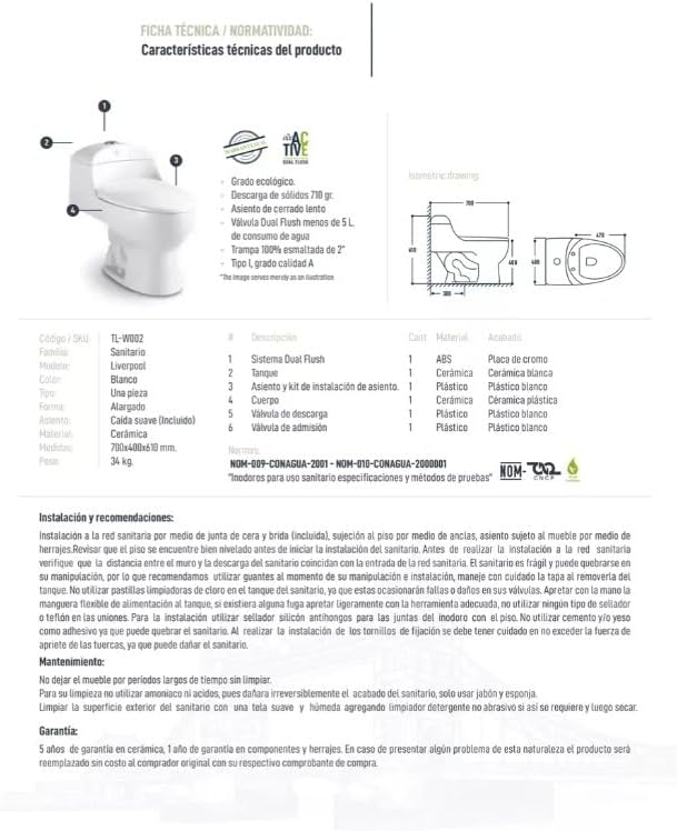 Decobath - WC/Inodoro de Cerámica, Una Pieza, Doble Descarga, Asiento Cierre Suave, Color Blanco