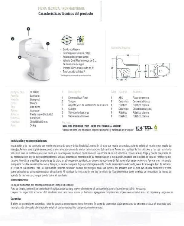 Decobath - WC/Inodoro de Cerámica, Una Pieza, Doble Descarga, Asiento Cierre Suave, Color Blanco