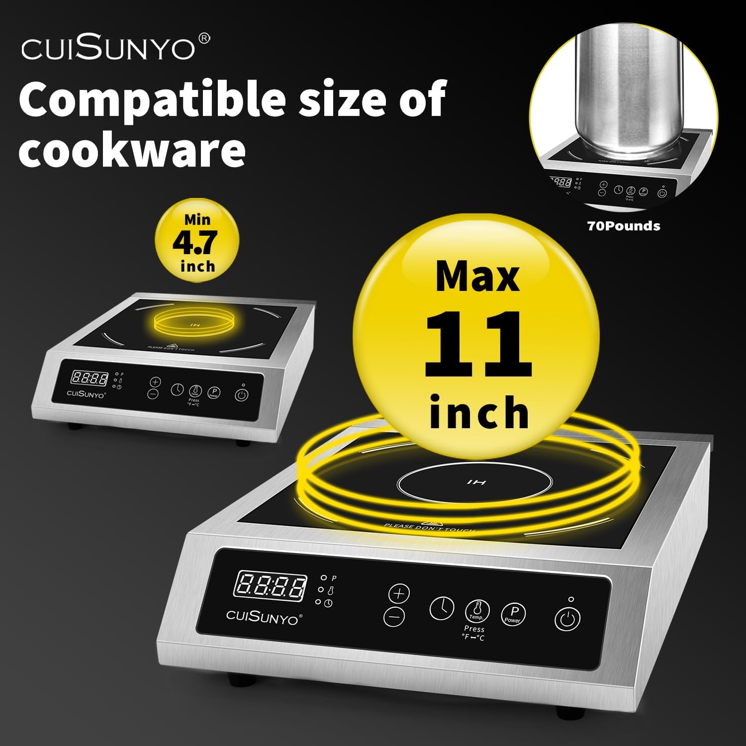 Cocina de inducción comercial 500-3500 W, 240 V, portátil, 10 niveles de potencia, quemador de encimera con 12 ajustes de temporizador, 140 a 550 °F y visualización LCD, estufa eléctrica de acero