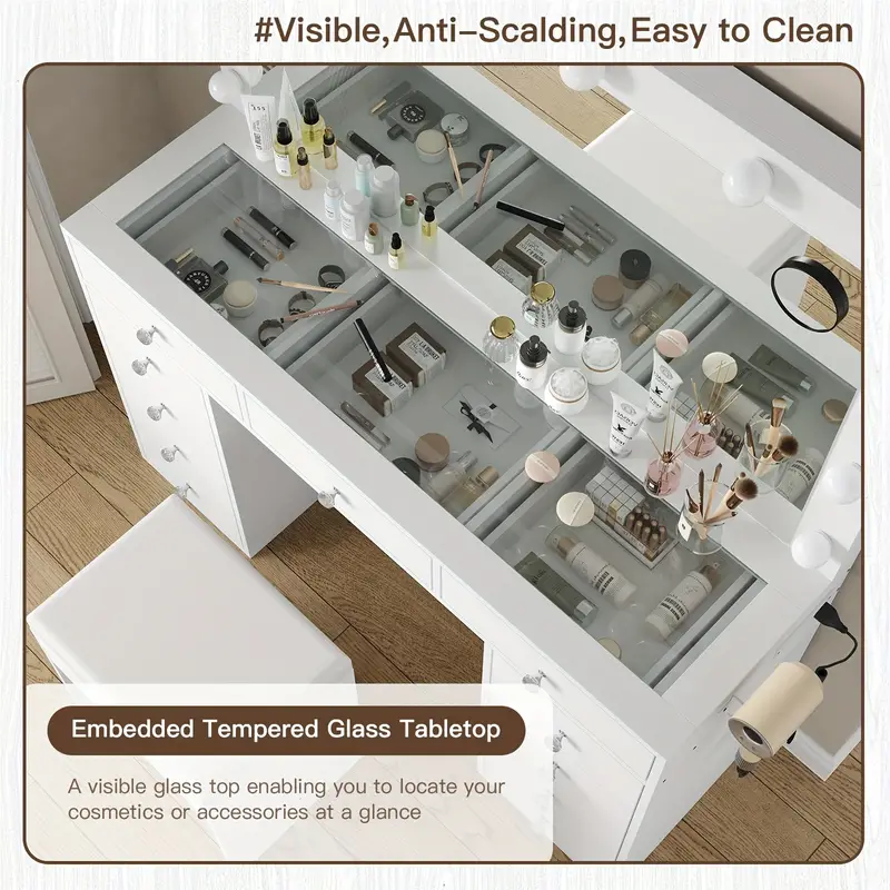 1 Juego de 11 cajones con 12 luces LED Tocador con espejo iluminado, Mesa de maquillaje con cajones de almacenamiento y taburete acolchado para dormitorio, Tocador con 3 modos de iluminación Brillo ajustable