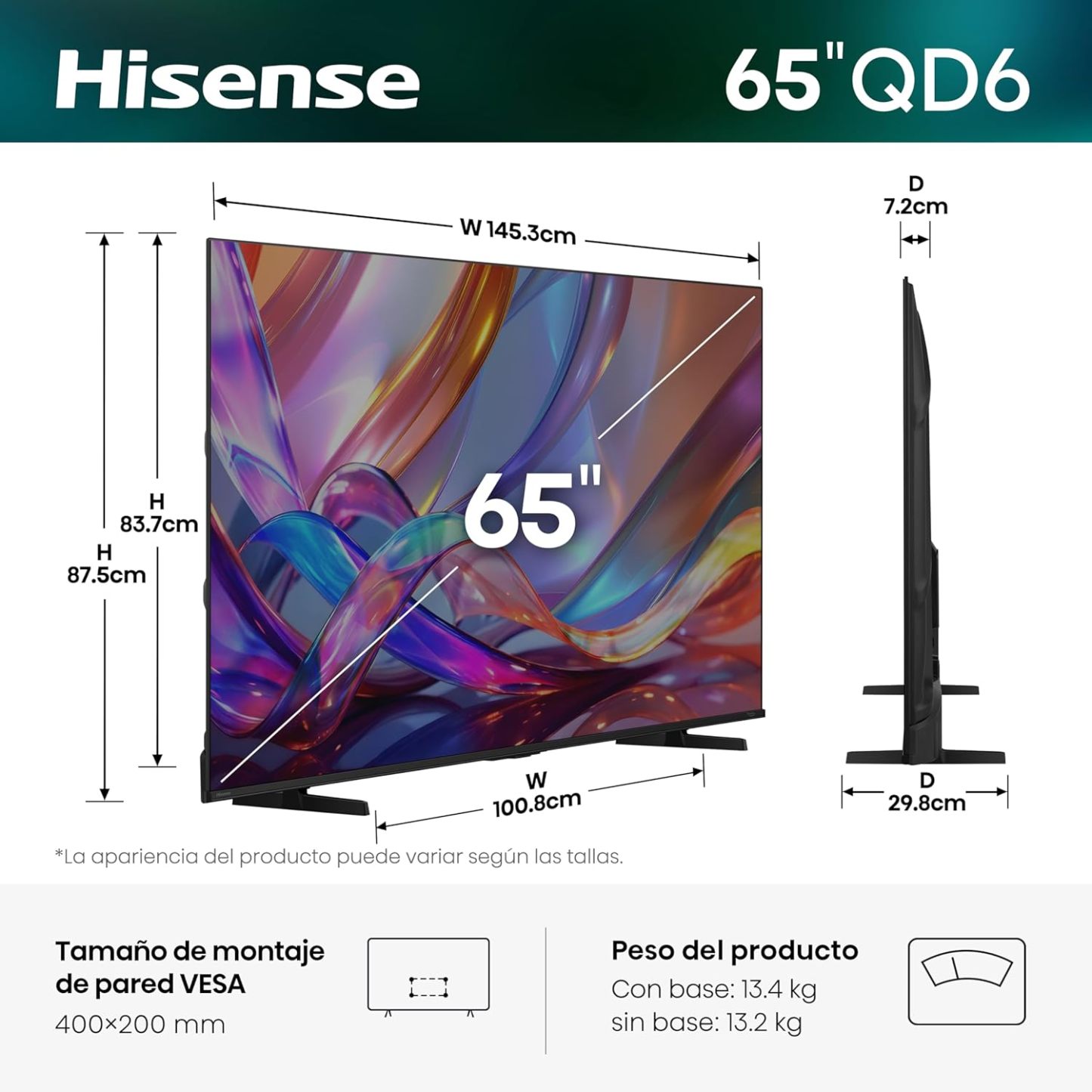 Hisense televisión QD6S Pantalla 65“ Pulgadas, QLED 4K Smart TV，AI 4K Upscaler,Dolby Vision·Atmos，Modo de Protección Ocular，Game Mode Plus，Fire TV【Patrocinador Oficial de FIFA World Cup 2026™】