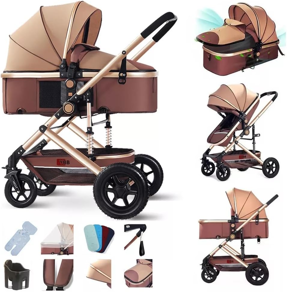 FINYQBET Carrito De Bebé Plegable Universal Para Cuatro Estaciones Sillas De Paseo para Bebés De Alta Vista para Bebés Recién Nacidos, Implementación Bidireccional Multifuncional Y Segura Caqui