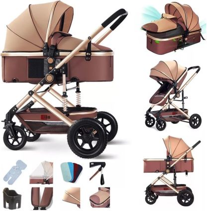 FINYQBET Carrito De Bebé Plegable Universal Para Cuatro Estaciones Sillas De Paseo para Bebés De Alta Vista para Bebés Recién Nacidos, Implementación Bidireccional Multifuncional Y Segura Caqui