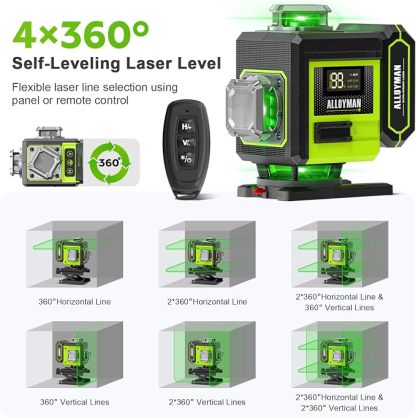 📐🎁Nivel Láser Alloyman 4D 16 Líneas Verdes, Autonivelante 4x360°, Incluye Trípode y 2 Baterías de Litio, para Azulejos, Colgar Cuadros y Reformas de Interiores, Excelente Regalo para Navidad y Año Nuevo