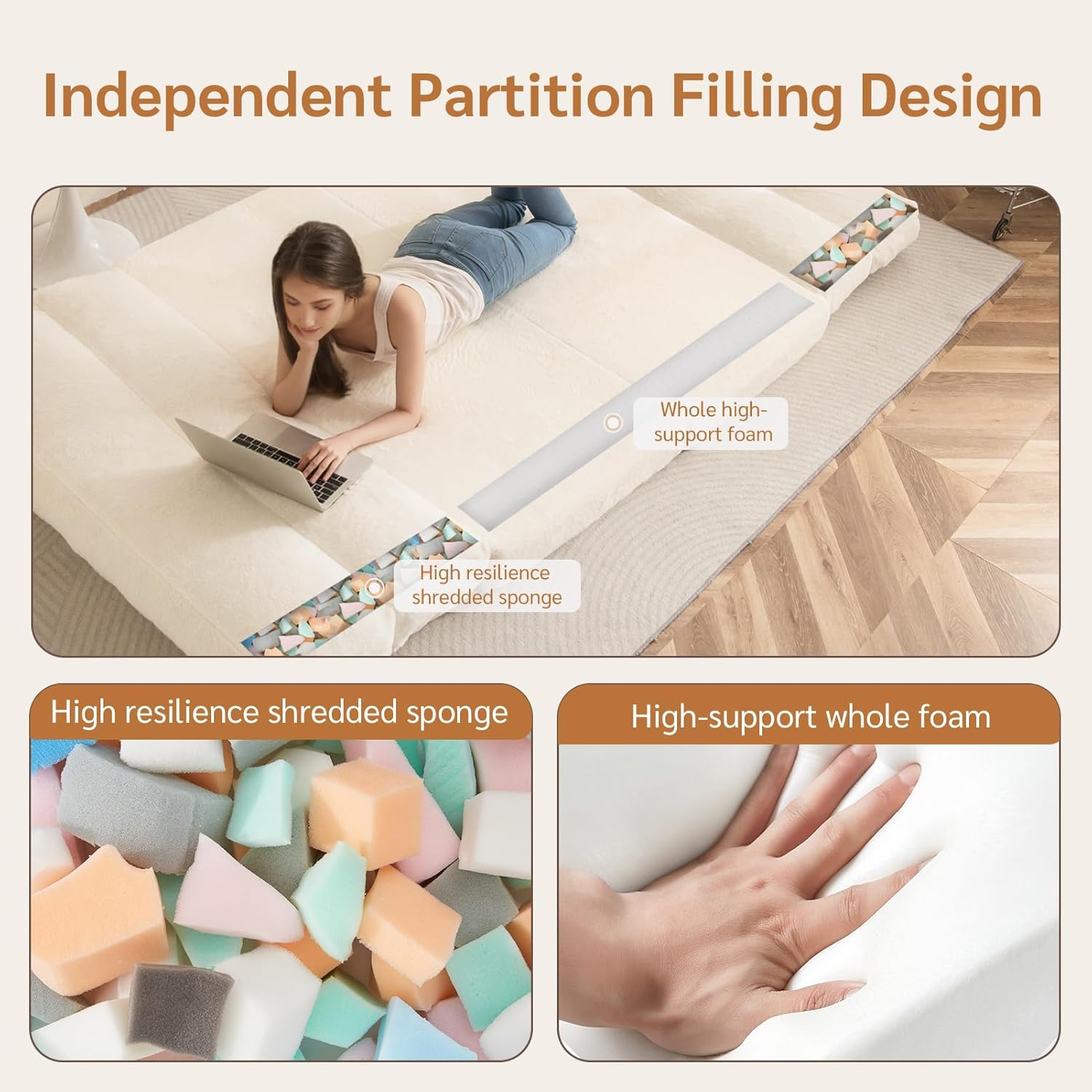 MAXYOYO - Puf plegable para sofá, cama, colchón de piso para adultos, extra grueso, 6 pliegues, sofá para recámara, sala de estar, beige, 135 x 240 cm