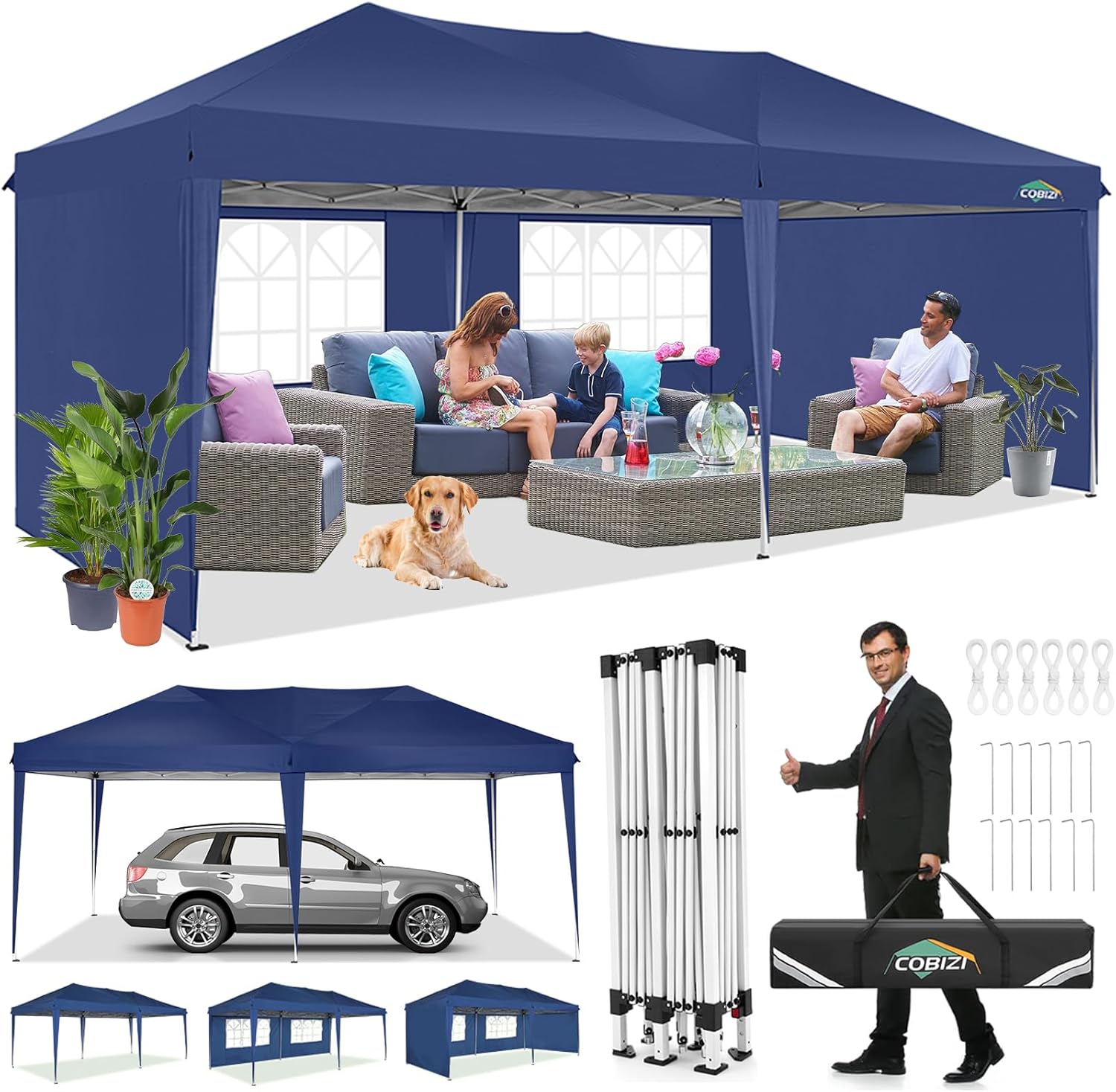 COBIZI - Toldo desplegable de 10 x 20 Pulgadas con 6 Paredes Laterales, toldo Impermeable para Eventos al Aire última intervensión, UPF 50+ cenador portátil para Fiestas, Playa, Camping, Boda,