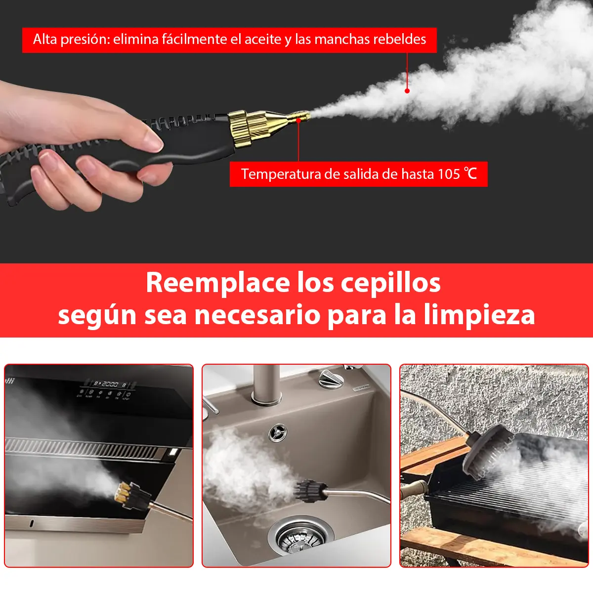 Limpiador de Vapor de Alta Presión, Máquina de Limpieza de Vapor de 2500W Portátil de Alta Temperatura para Baño, Humedad Ajustable para Uso Doméstico, Cocina, Grasa, Detalles de Coche