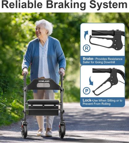 HOMLAND - Caminadores plegables con asiento para personas mayores, ruedas grandes de 8 pulgadas, 350 libras. Capacidad de peso, asas ajustables y altura del asiento, ligero caminante, color azul