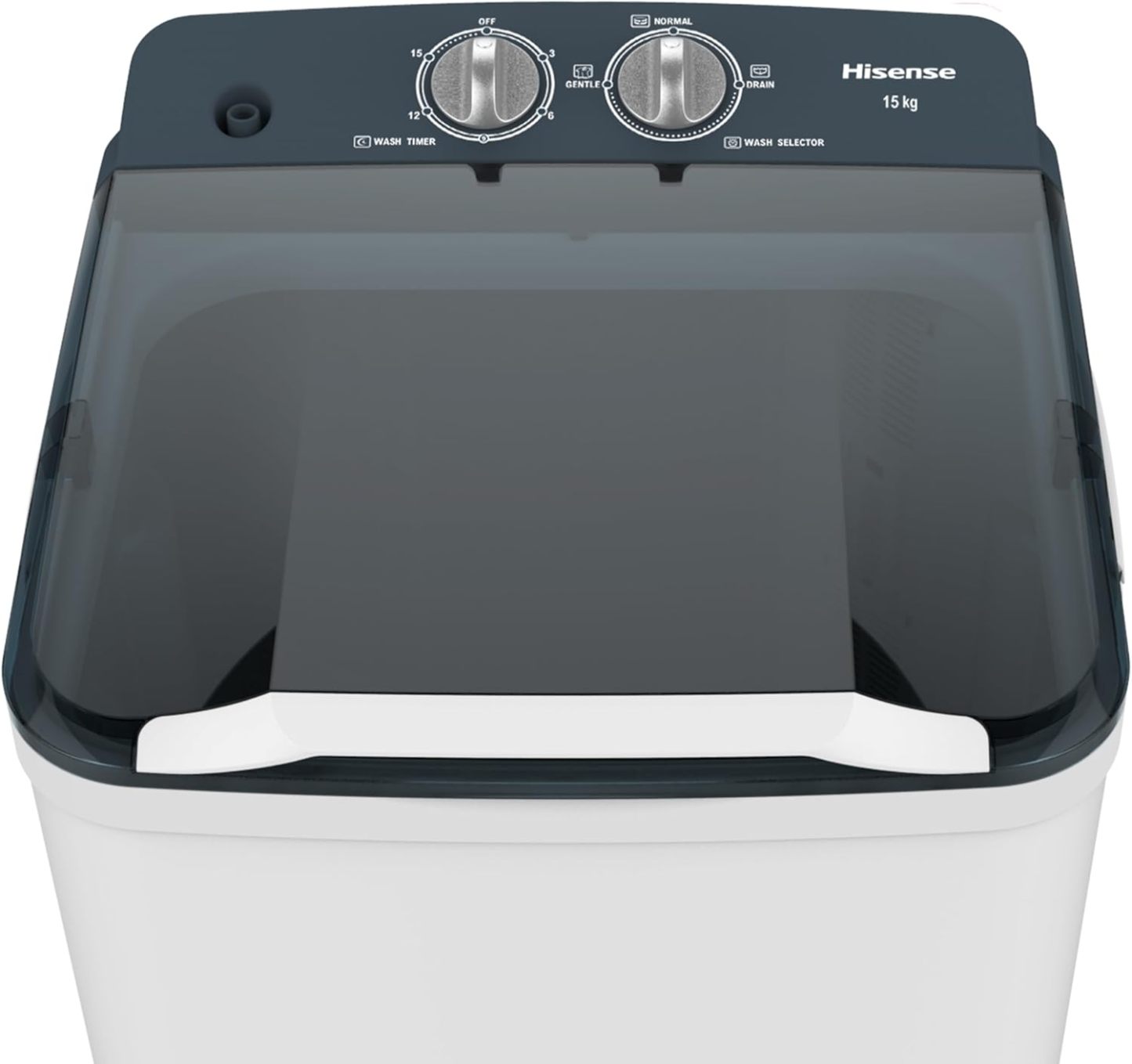 Hisense Lavadora WSFF1501, Semiautomática, 15 Kg, Temporizador de Lavado y Centrifugado, 55x52x91cm(AnchoxLargoxAlto), Blanco/Gris