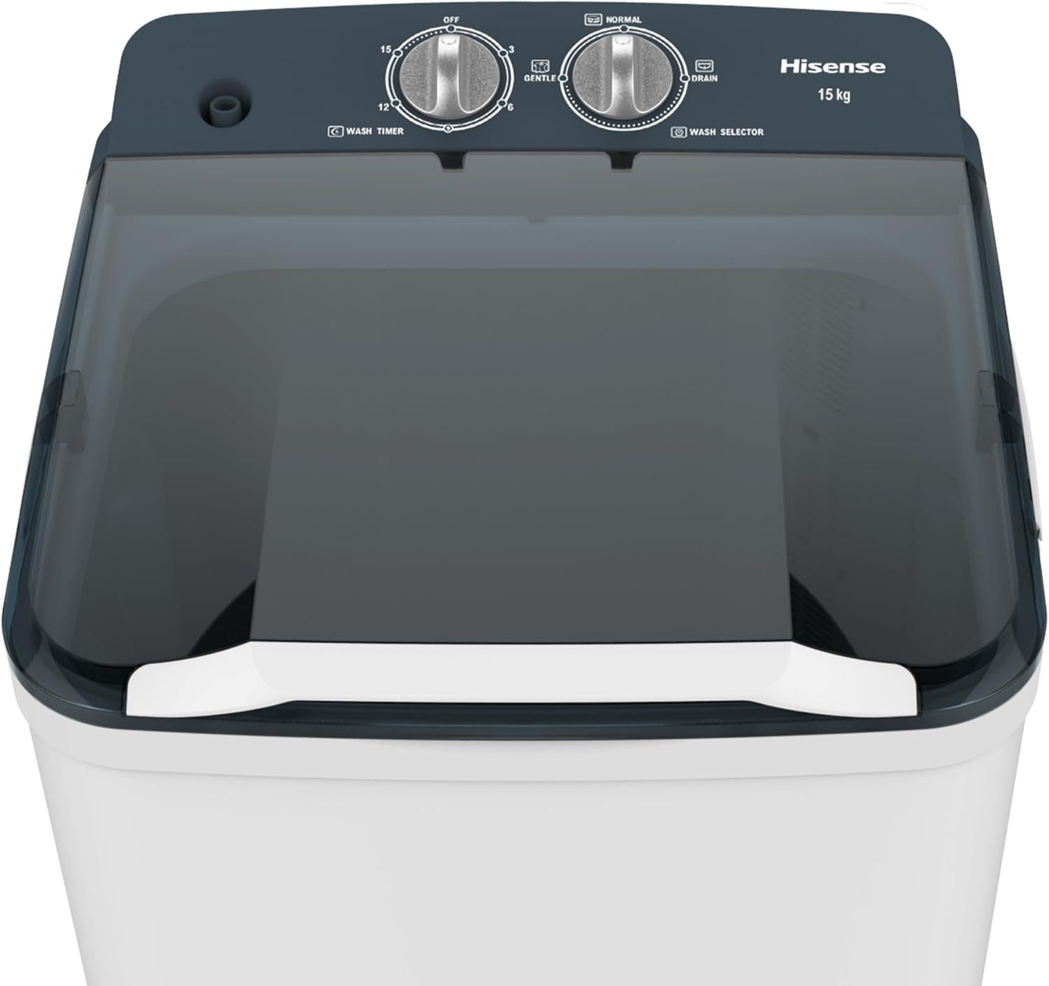 Hisense Lavadora WSFF1501, Semiautomática, 15 Kg, Temporizador de Lavado y Centrifugado, 55x52x91cm(AnchoxLargoxAlto), Blanco/Gris
