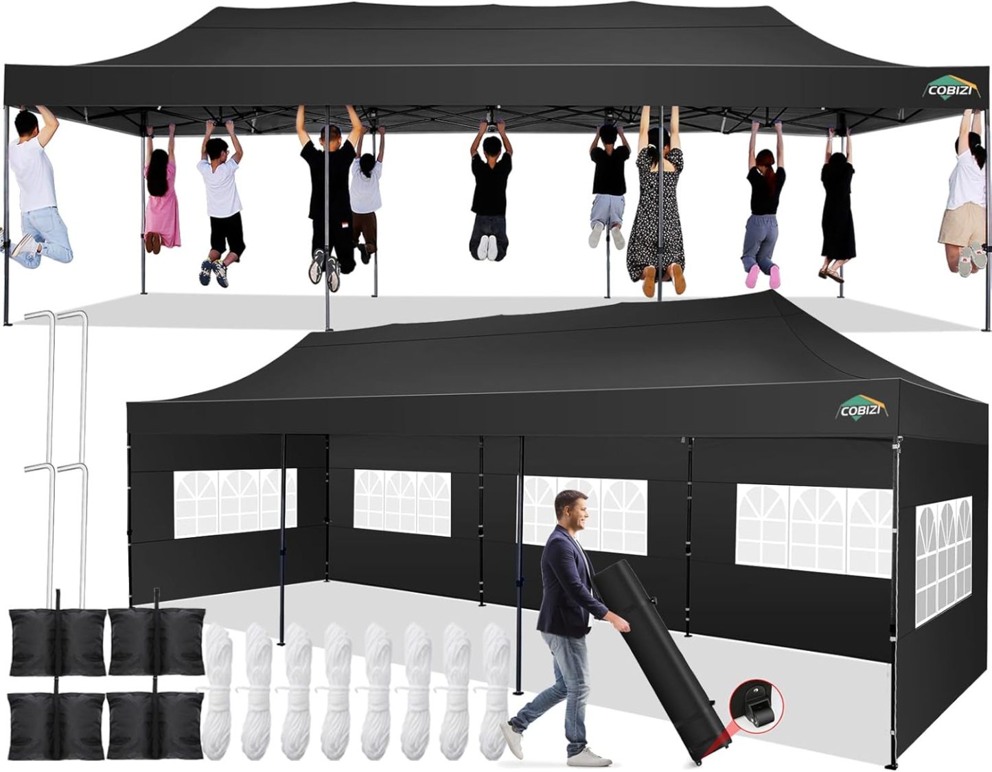 COBIZI - Toldo desplegable de 10 x 20 Pulgadas con 6 Paredes Laterales, toldo Impermeable para Eventos al Aire última intervensión, UPF 50+ cenador portátil para Fiestas, Playa, Camping, Boda,