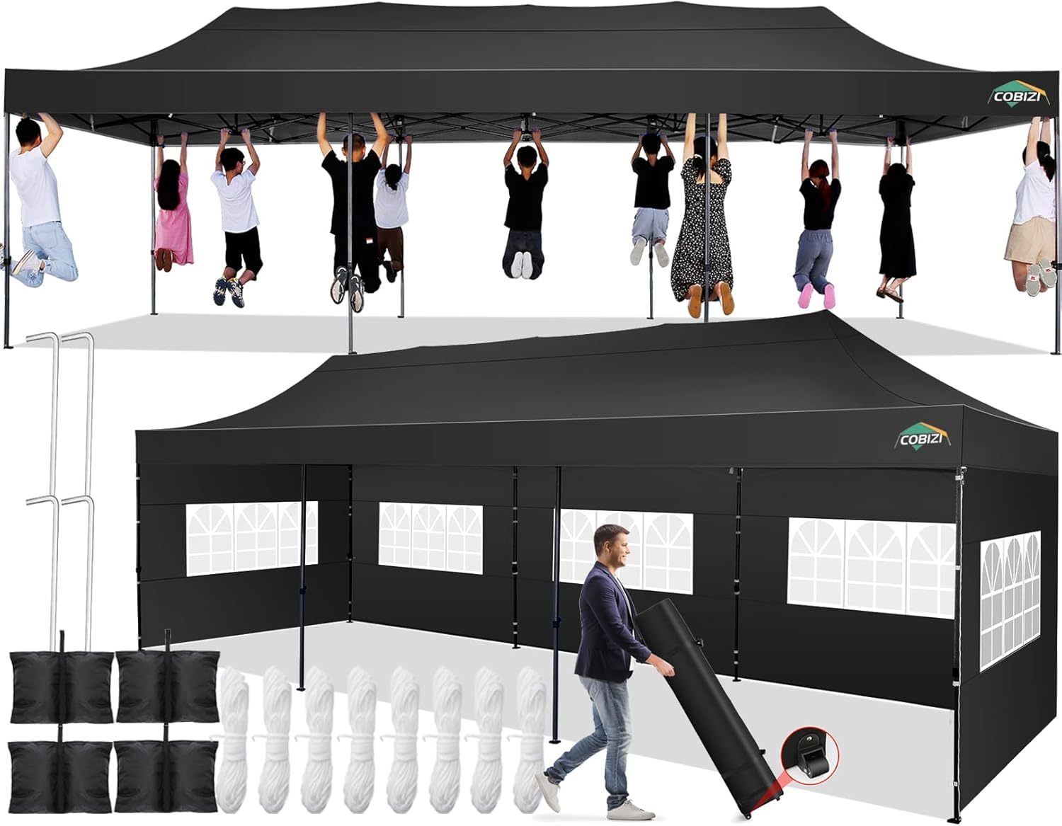 COBIZI - Toldo desplegable de 10 x 20 Pulgadas con 6 Paredes Laterales, toldo Impermeable para Eventos al Aire última intervensión, UPF 50+ cenador portátil para Fiestas, Playa, Camping, Boda,