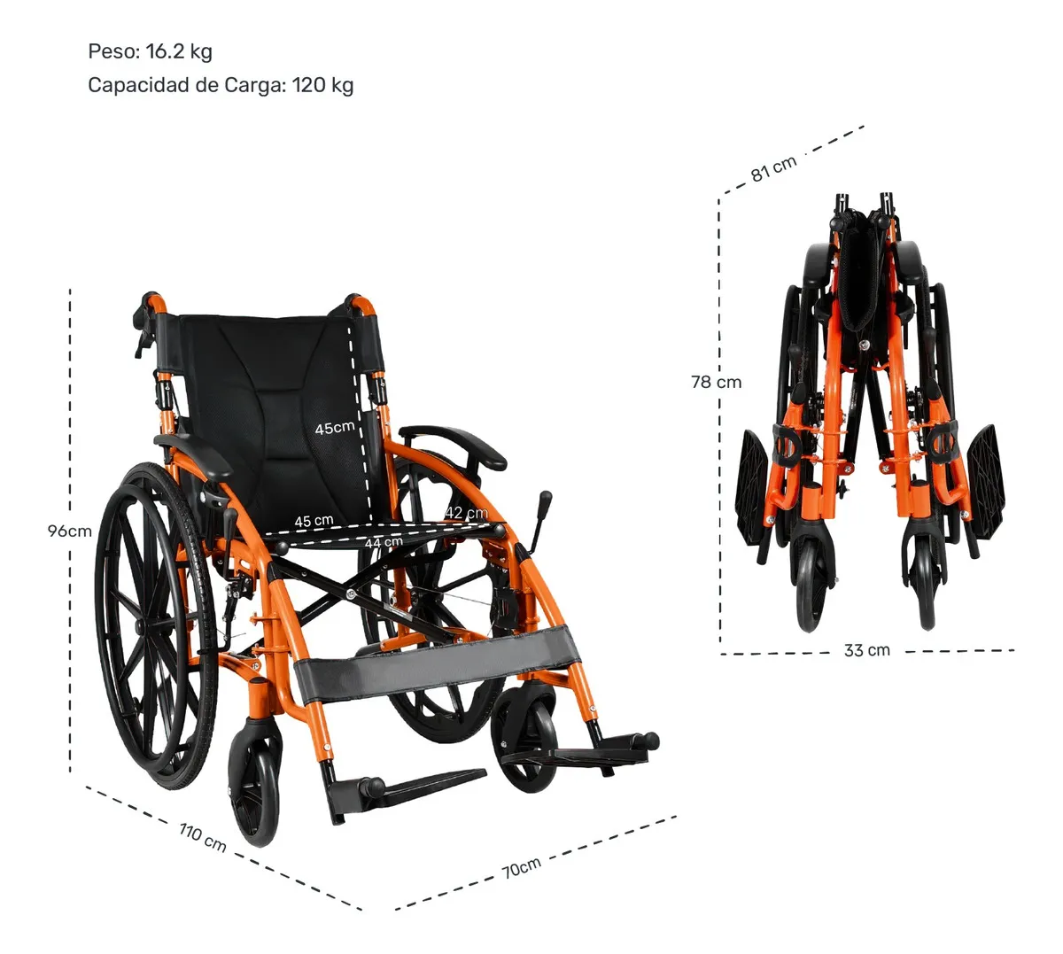 Silla de Ruedas Deportiva Centurfit Ligera Estructura de Aluminio Plegable + Rueditas Color Naranja