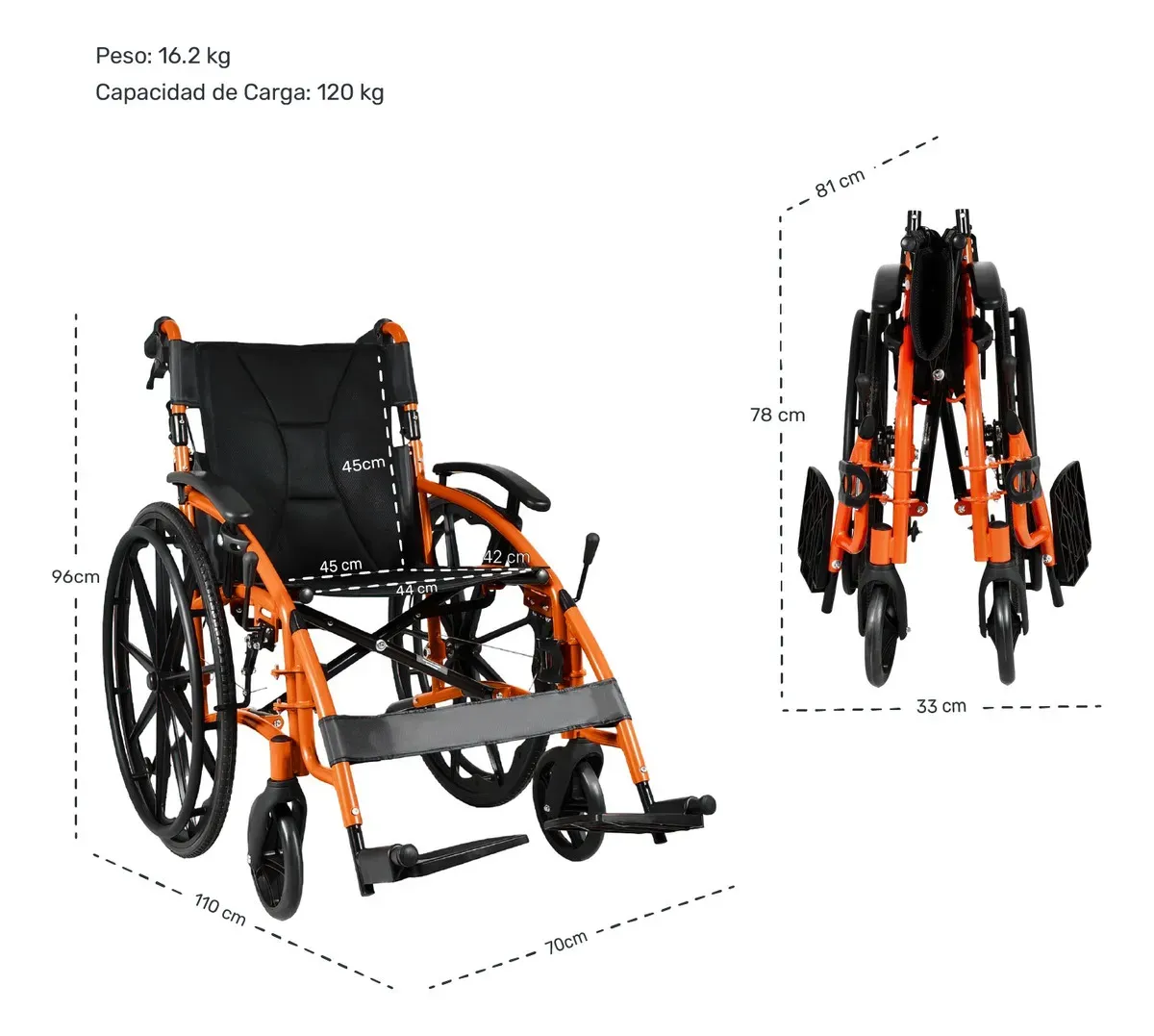 Silla de Ruedas Deportiva Centurfit Ligera Estructura de Aluminio Plegable + Rueditas Color Naranja