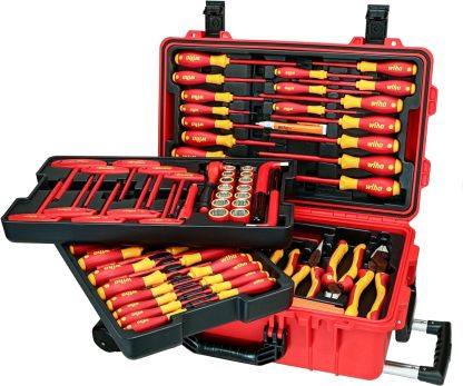 Wiha 32800 Juego de herramientas aisladas, destornillador, destornillador de tuercas, alicate, cortador, regla, cuchillo y sockets en caja con ruedas, 10 000 voltios probados y 1,000 voltios, 80 uds