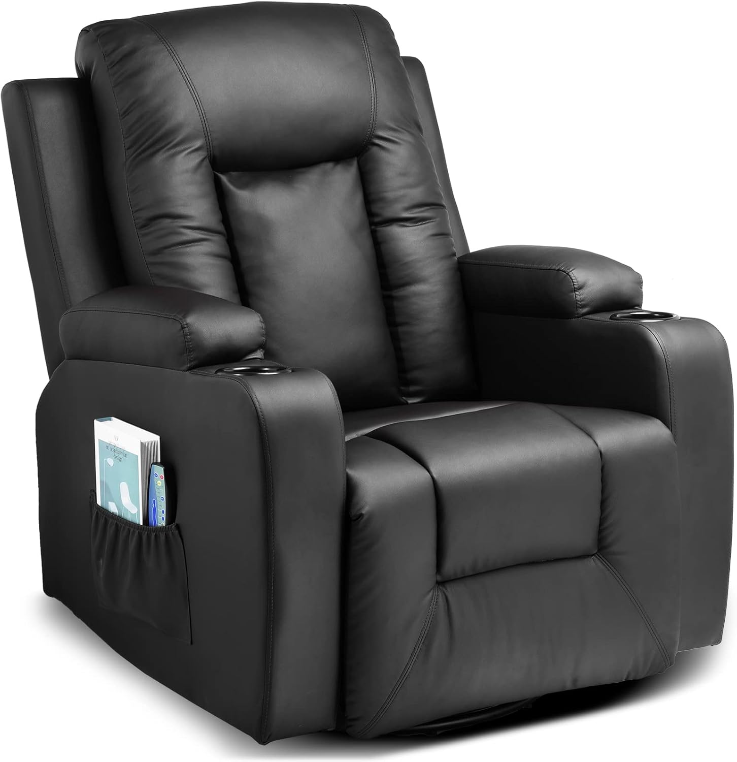 COMHOMA - Silla reclinable de Piel con calefacción y Masaje ergonómico Giratorio de 360 Grados, Soporte para Bebidas para sofá Individual, Silla de Sala de Estar, Color Negro